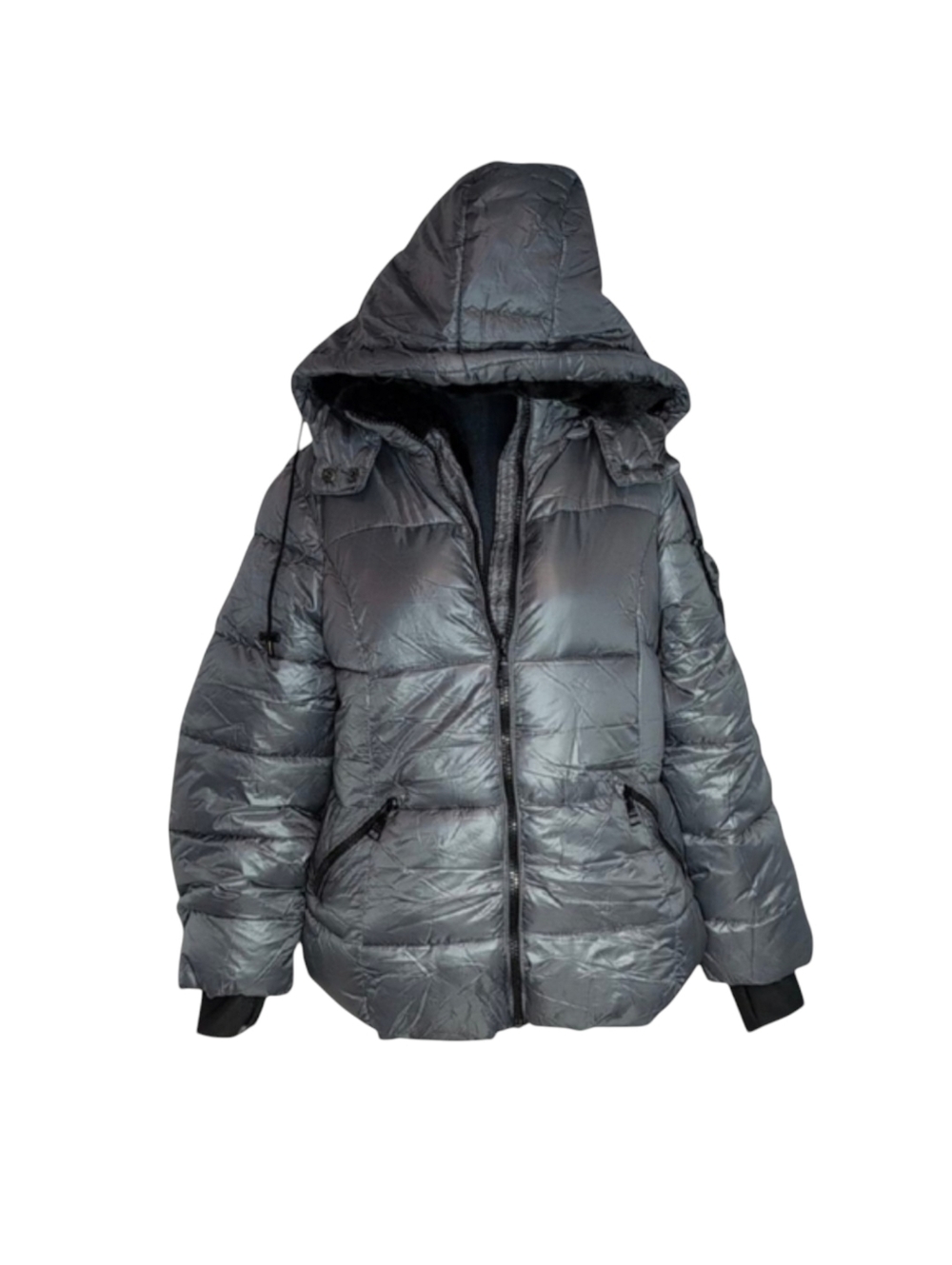 Steve Madden Silver Quilted Puffer Jacket Parka Faux Fur Lined Size XL